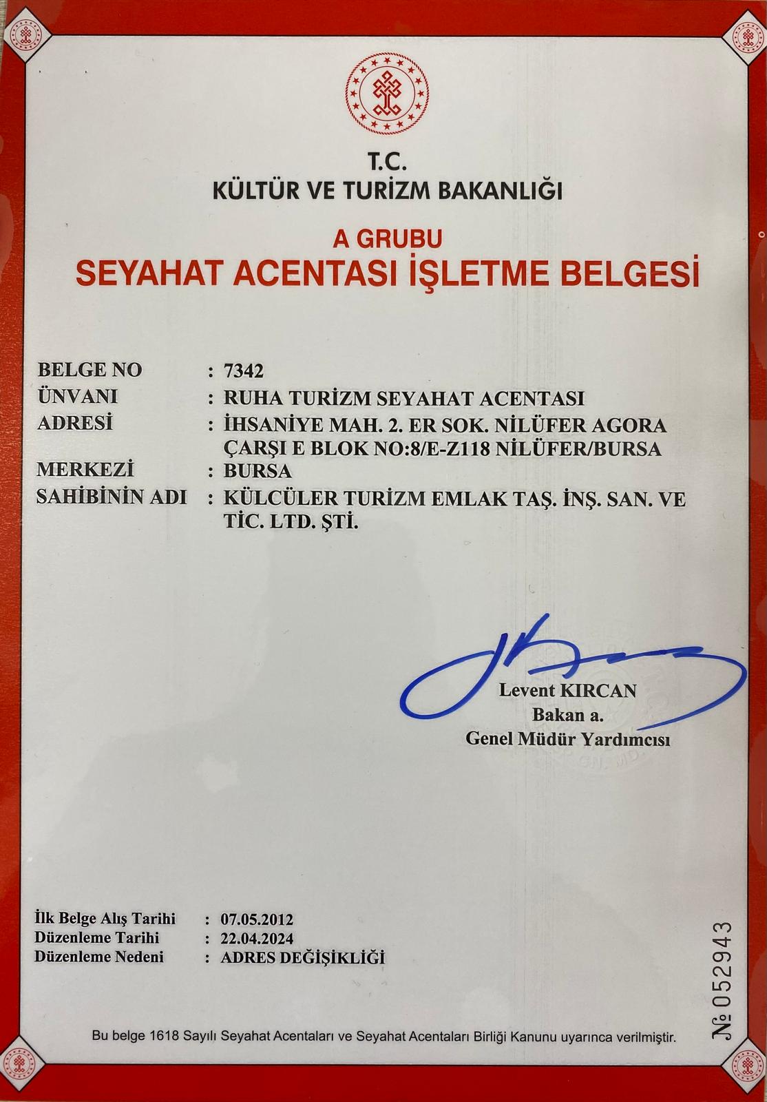 Seyahat Acentası İşletme Belgesi