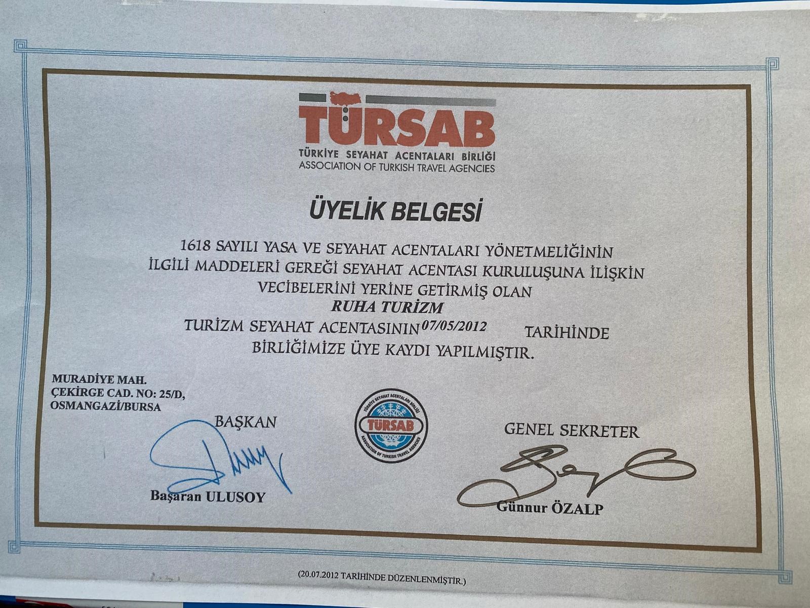 TURSAB Üyelik Belgesi